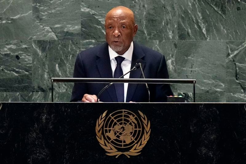 Namibia President Nangolo Mbumba addresses the 79th session of the United Nations General Assembly, Wednesday, Sept. 25, 2024. (AP Photo/Richard Drew)