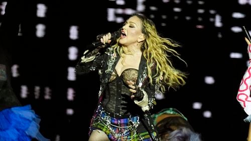 FILE - Madonna performs in the final show of her The Celebration Tour, on Copacabana Beach in Rio de Janeiro, Brazil, on May 4, 2024. Madonna will celebrate her 66th birthday with a private evening tour of the famed Italian archaeological site at Pompeii, officials said. (AP Photo/Silvia Izquierdo, File)