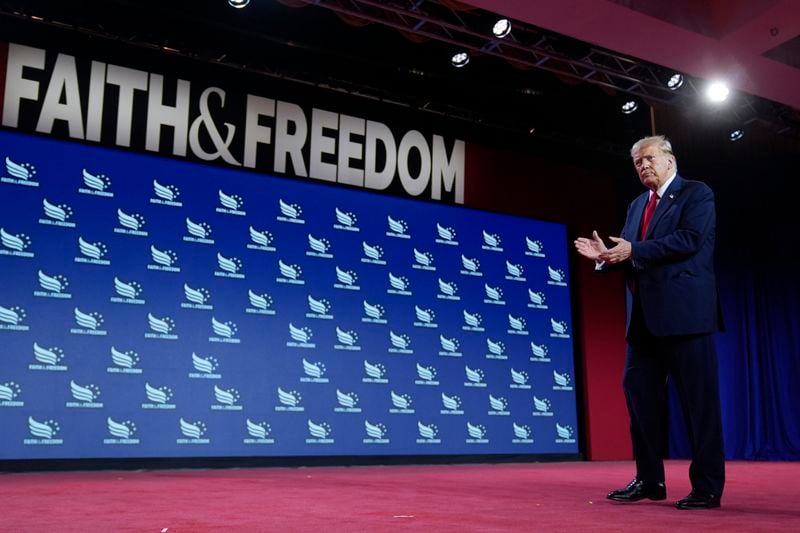 Republican presidential candidate former President Donald Trump walks off stage after speaking at the Road to Majority conference in Washington, Saturday, June 22, 2024. (AP Photo/Manuel Balce Ceneta)