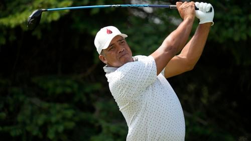 Jhonattan Vegas watches his tee shot on the second hole during the third round of the 3M Open golf tournament at the Tournament Players Club, Saturday, July 27, 2024, in Blaine, Minn. (AP Photo/Charlie Neibergall)