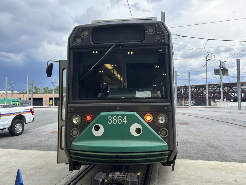 In this undated photo released by the Massachusetts Bay Transportation Authority, MBTA, a subway car dons googly eyes under its front windshield in Boston. (Massachusetts Bay Transportation Authority via AP)