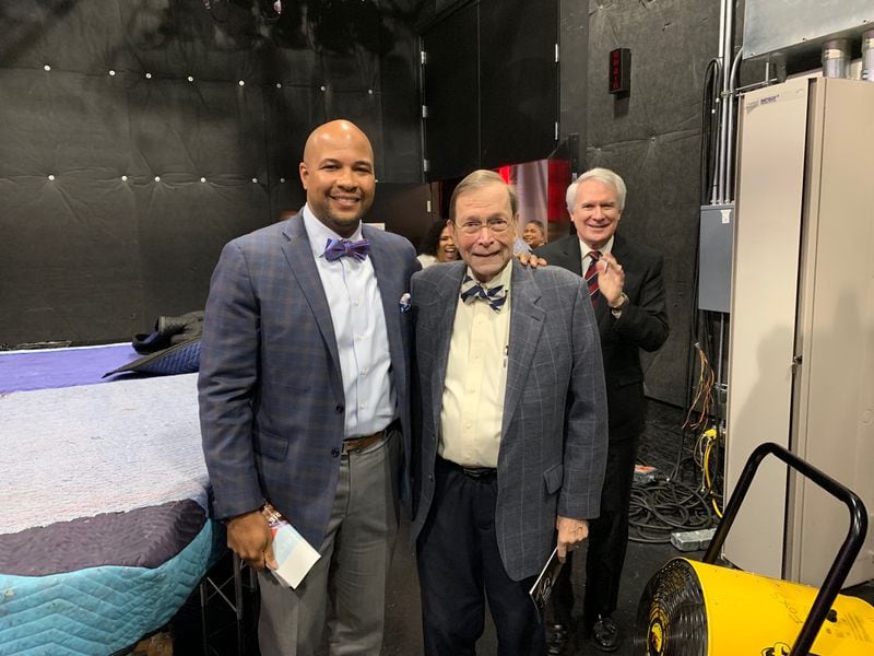 Dick Williams with Tharon Johnson in bow ties, along with Phil Kent in the back on Williams' final day at "The Georgia Gang" March 8, 2019.