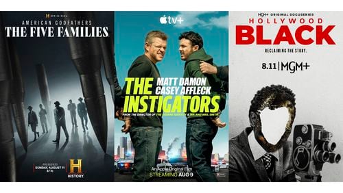 This combination of images shows promotional art for the series "American Godfathers: The Five Families," left, the film "The Instigators," center, and the docuseries "Hollywood Black." (History/Apple TV+/MGM+ via AP)