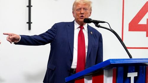 Republican presidential nominee former President Donald Trump speaks during a stop at a campaign office, Monday, Aug. 26, 2024, in Roseville, Mich. (AP Photo/Carolyn Kaster)