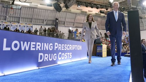 Democratic presidential nominee Vice President Kamala Harris, left, and President Joe Biden depart after speaking about the administration's efforts to lower prescription drug costs during an event at Prince George's Community College in Largo, Md., Thursday, Aug. 15, 2024. (AP Photo/Susan Walsh)