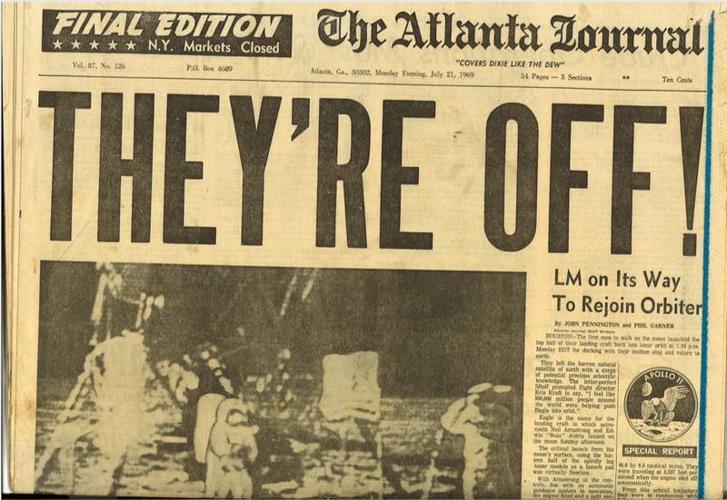The final edition of The Atlanta Journal, marked by the blue streak down the  side, declared "THEY'RE OFF!" The astronauts had left the moon surface and returned to the main spacecraft but still 3 more days in space ahead of them. (AJC archives.)