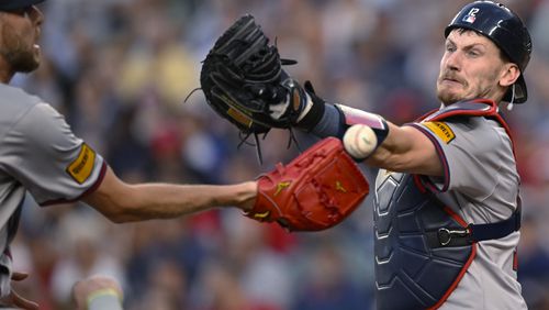 Atlanta Braves starting pitcher Chris Sale, left, collides with catcher Sean Murphy as they are unable to catch a foul ball by Washington Nationals' Jacob Young during the fifth inning of a baseball game Friday, June 7, 2024, in Washington. The Braves fell 2-1.  (AP Photo/John McDonnell)