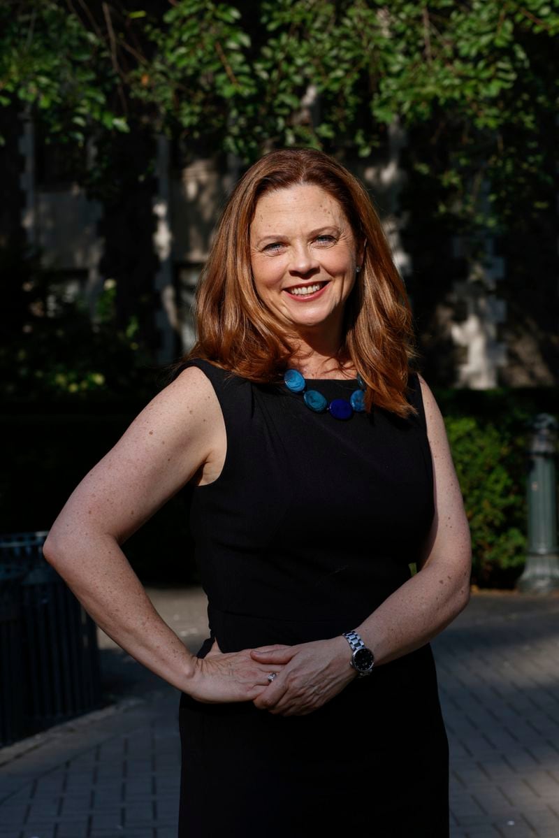 Tania Tetlow, president of Fordham University, poses fir a photo during Move In Day at the Bronx campus, Sunday Aug. 25, 2024, in New York. (AP Photo/Kena Betancur)