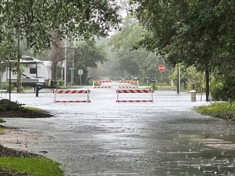 Flooding along Lord Street on Monday, Sept. 16, 2024, in Southport, N.C. (Renee Spencer/The Star-News via AP)