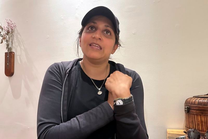 Anusha Bela, 40, of Doylestown in Bucks County, Pa, seen June 13, 2024, says she supports President Joe Biden, but not as fervently as she did four years ago in part because of his handling of the Israeli-Gaza violence. But she sees Donald Trump as a threat to democracy. (AP Photo/Thomas Beaumont)