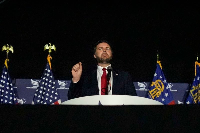 Republican vice presidential nominee Sen. JD Vance, R-Ohio, speaks during the Georgia Faith and Freedom Coalition's dinner at the Cobb Galleria Centre, Monday, Sept. 16, 2024, in Atlanta. (AP Photo/Mike Stewart)