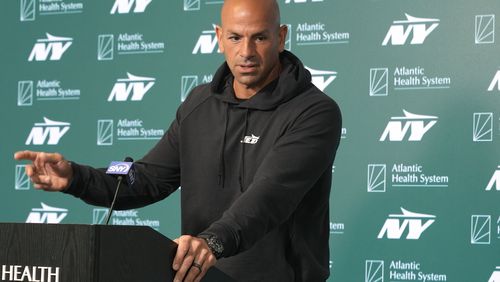 New York Jets head coach Robert Saleh speaks to reporters before practice at the NFL football team's training facility in Florham Park, N.J., Tuesday, June 11, 2024. (AP Photo/Pamela Smith)