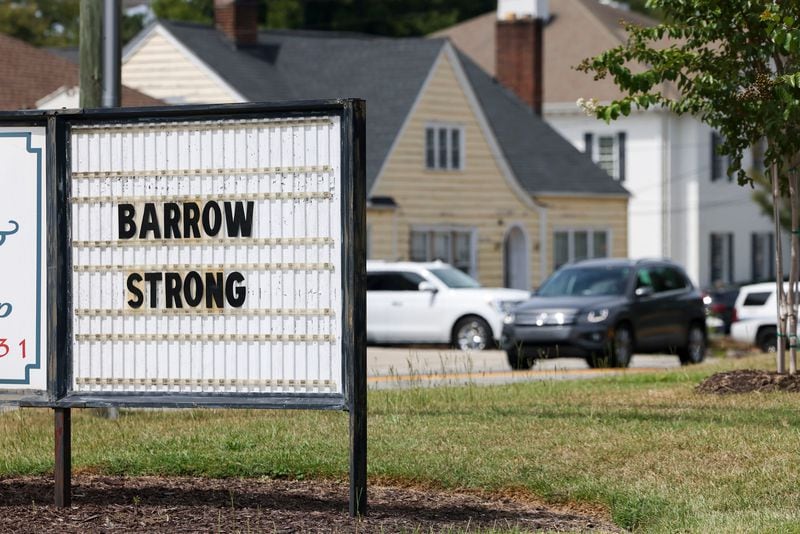 A sign at Ann's Flower & Gift Shop in Winder reads "Barrow Strong" in memorial of the four victims shot and killed on Sept. 4 at Apalachee High School in Winder.  Jason Getz/AJC