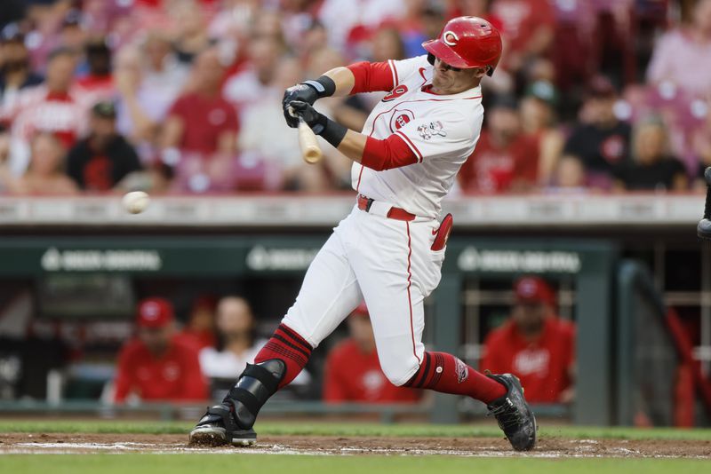 Cincinnati Reds' TJ Friedl grounds out against the Atlanta Braves during the second inning of a baseball game, Wednesday, Sept. 18, 2024, in Cincinnati. (AP Photo/Jay LaPrete)