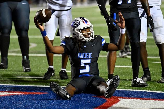 Peachtree Ridge quarterback Darnell Kelly (5) is ruled short of the goal line during the Norcross at Peachtree Ridge GHSA region football game on Friday, Sept. 20, 2024, in Suwanee, GA. (Jim Blackburn for the AJC)