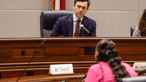 Sen. Jon Ossoff, Chairman of the Senate Human Rights Subcommittee, listens to a testimony from Tiana Hill who was pregnant while incarcerated, during a hearing that is part of his ongoing investigation into the abuse of pregnant women in state prisons on Wednesday, Aug. 14, 2024. (Natrice Miller/AJC)