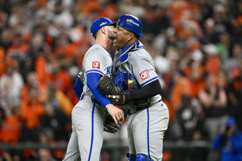 Kansas City Royals pitcher Lucas Erceg, right, and pitcher Lucas Erceg react after defeating the Baltimore Orioles 2-1 in Game 2 of an AL Wild Card Series baseball game, Wednesday, Oct. 2, 2024 in Baltimore. (AP Photo/Nick Wass)