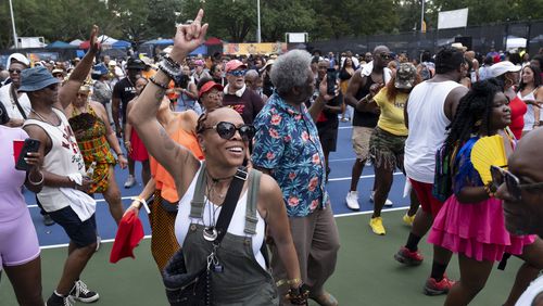 Annie Armstead dances to DJ Kemit during the 20th anniversary of the House In The Park music festival in Grant Park in Atlanta on Sunday, Sept. 1, 2024. (Ben Gray / Ben@BenGray.com)