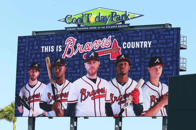 Braves stars fill the outfield screen at CoolToday Park during spring training on Saturday, Feb. 15, 2020, in North Port, Fla.  (Curtis Compton ccompton@ajc.com)