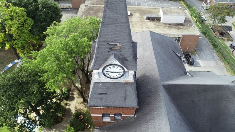 Drone photos of Morris Brown College’s Fountain Hall, used by the National Park Service to examine the building’s damage. (Courtesy Lord Aeck Sargent)