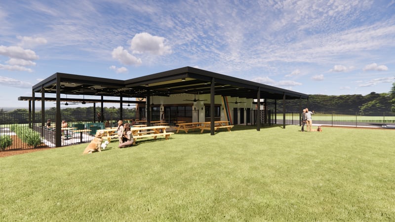 Rendering of Off Leash, a dog park and restaurant set to open in Decatur fall 2024.