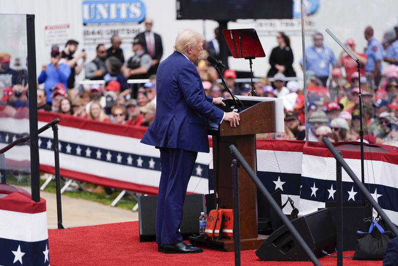 Republican presidential nominee former President Donald Trump speaks during a campaign rally at North Carolina Aviation Museum, Wednesday, Aug. 21, 2024, in Asheboro, N.C. (AP Photo/Julia Nikhinson)