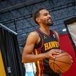 Hawks player Trae Young #11, poses for photos during media day. Hawks media day takes place on Monday, Sept 30, 2024 where media outlets including the Associated Press, Getty, NBA and many others gather to take photos, conduct interviews and gather footage.   (Jenni Girtman for The Atlanta Journal-Constitution)