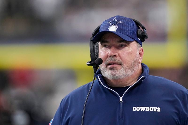 Dallas Cowboys head coach Mike McCarthy looks on during the first half of an NFL football game against the New Orleans Saints, Sunday, Sept. 15, 2024, in Arlington, Texas. (AP Photo/Tony Gutierrez)