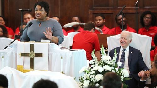 March 1, 2020 Selma: Former candidate for governor Stacey Abrams speaks at Brown Chapel African Methodist Episcopal Church with Joe Biden, Former United States Vice-President and Democrat candidate for President looking on during Selma's re-enactment of Bloody Sunday on Sunday, March 1, 2020, in Selma.  Curtis Compton ccompton@ajc.com