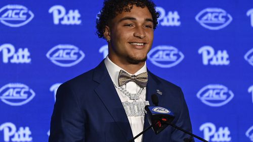 Pittsburgh defensive back Donovan McMillon smiles during the Atlantic Coast Conference NCAA college football media days, Tuesday, July 23, 2024, in Charlotte, N.C. (AP Photo/Matt Kelley)