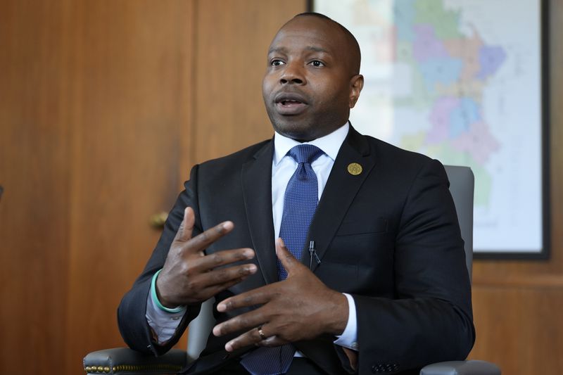 Milwaukee Mayor Cavalier Johnson talks about the Republican National Convention coming to Milwaukee in his office Monday, July 1, 2024, in Milwaukee. (AP Photo/Morry Gash)