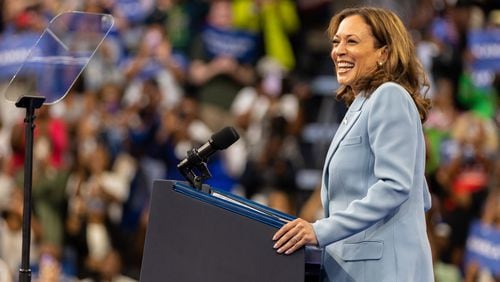 Vice president Kamala Harris speaks at Georgia State University Convocation Center in Atlanta on Tuesday, July 30, 2024 for a campaign rally. It’s her first campaign event in the state since she became the presumptive Democratic nominee for president. (Arvin Temkar / AJC)