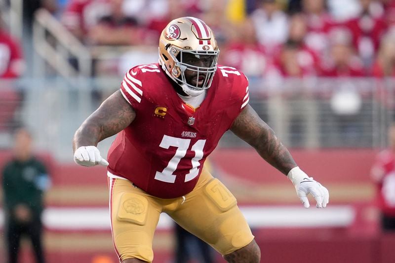 San Francisco 49ers offensive tackle Trent Williams looks to block during the second half of an NFL football game against the New York Jets in Santa Clara, Calif., Monday, Sept. 9, 2024. (AP Photo/Godofredo A. Vásquez)