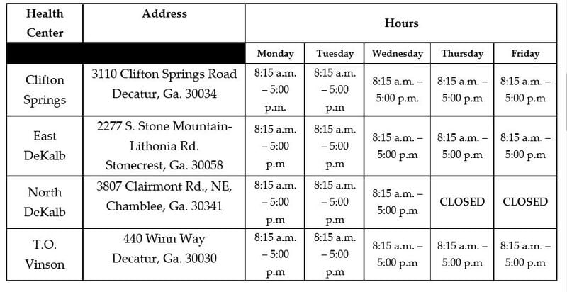 The schedule for four DeKalb health centers now offering vaccinations for children under 5 years old.