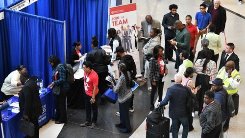 Job seekers meet with recruiters during 2023 ATL Airport Career Fair at the domestic terminal atrium of Hartsfield-Jackson Atlanta International Airport, Wednesday, March 8, 2023, in Atlanta. (Hyosub Shin / Hyosub.Shin@ajc.com)