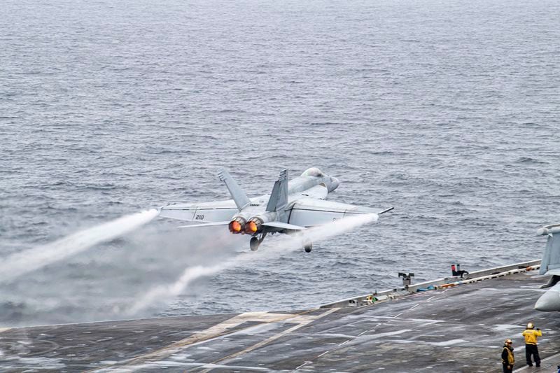 In this photo provided by the U.S. Navy, a U.S. fighter jet takes off from USS Theodore Roosevelt aircraft carrier during the Freedom Edge exercise by the U.S., Japanese and South Korea at East Sea on Friday, June 28, 2024. (Mass Communication Specialist 2nd Class Rashan Jefferson/The U.S. Navy via AP)