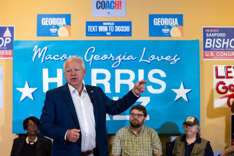 Minnesota Gov. Tim Walz, the running mate of Vice President Kamala Harris, speaks to supporters at a Democratic campaign office in Macon on Tuesday.