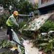 A sanitation worker of Kaohsiung city government clears debris in the aftermath of Typhoon Krathon in Kaohsiung, southern Taiwan, Friday, Oct. 4, 2024. (AP Photo/Chiang Ying-ying)