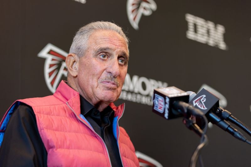 Falcons owner Arthur Blank introduces former Falcons quarterback Matt Ryan, who announced his retirement at a press conference at the Falcons practice facility in Flowery Branch on Monday, April 22, 2024. (Arvin Temkar / arvin.temkar@ajc.com)