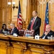 Georgia Election Board member Sara Tindall Ghazal, member Janelle King, executive director Mike Coan, chairman John Fervier, member Rick Jeffares, and member Janice Johnston appear before a board meeting at the Capitol in Atlanta on Friday, September 20, 2024. (Arvin Temkar / AJC)