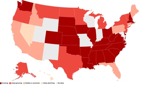 Based on transmission rates, the CDC estimates that COVID-19 infections are growing or likely growing in 34 states and territories, declining or likely declining in 2 states, and are stable or uncertain in 7 states. Data as of July 30, 2024.