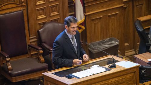 02/18/2021 —Atlanta, Georgia — Georgia Lt. Gov. Geoff Duncan resides over the Senate Chambers on day 19 of the Georgia Legislative Session at the Georgia State Capitol building in downtown Atlanta, Thursday, February 18, 2021. (Alyssa Pointer / Alyssa.Pointer@ajc.com)