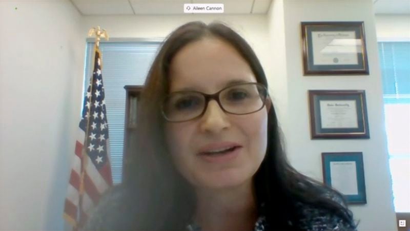 In this image from video provided by the U.S. Senate, Aileen M. Cannon speaks remotely during a Senate Judiciary Committee oversight nomination hearing on July 29, 2020, in Washington. Cannon, the federal judge presiding over the classified documents prosecution of Donald Trump, is hearing arguments Monday, June 24, 2024, on whether to bar the former president from public comments that prosecutors say could endanger the lives of FBI agents working on the case. (U.S. Senate via AP)