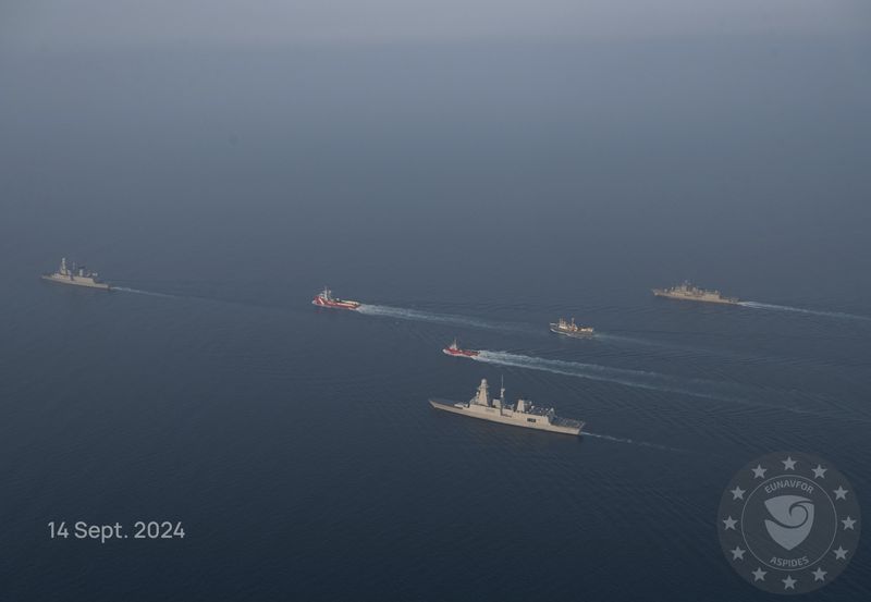 This photo released by the European Union’s Operation Aspides shows warships attached to the mission escorting salvage ships in the Red Sea on Saturday, Sept. 14, 2024. A new attempt has begun to try to salvage an oil tanker burning in the Red Sea after attacks by Yemen’s Houthi rebels, a European Union naval mission said Saturday. (European Union's Operation Aspides via AP)