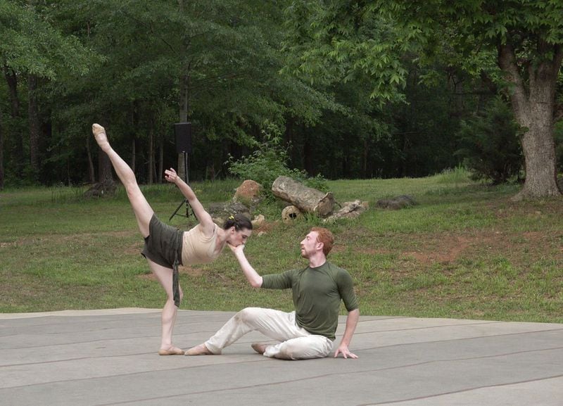 Terminus Modern Ballet Theatre artists Laura Morton and Heath Gill perform against a backdrop of lush outdoor scenery in "Roam."
Courtesy of Terminus Modern Ballet Theatre