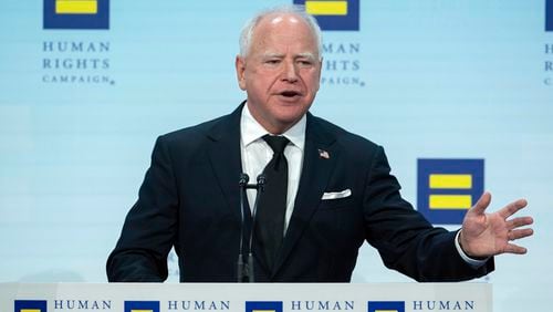 Democratic vice presidential candidate Minnesota Gov. Tim Walz speaks during the Human Rights Campaign (HRC) National Dinner at Walter E. Washington Convention Center in Washington, Saturday, Sept. 7, 2024. (AP Photo/Jose Luis Magana)