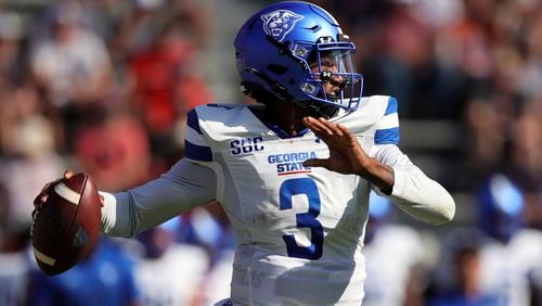 Georgia State quarterback Darren Grainger (3) throws a pass against Auburn during the first half Saturday, Sept. 25, 2021, in Auburn, Ala. (AP Photo/Butch Dill)