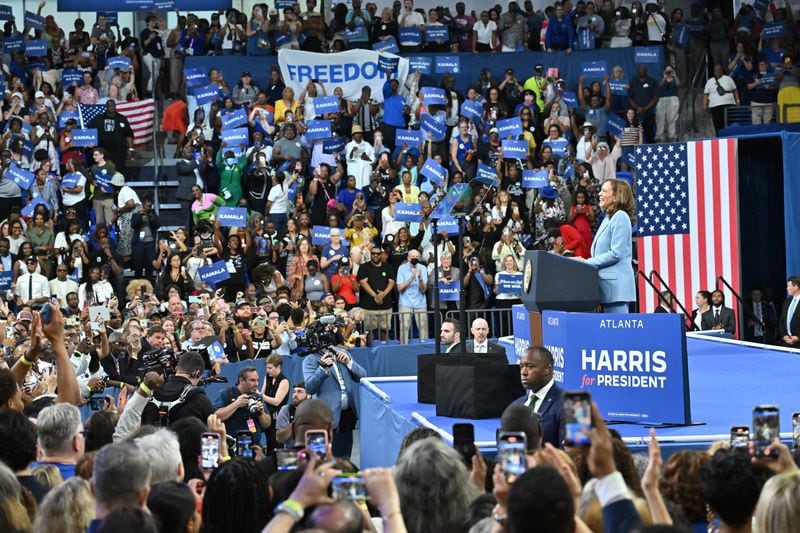 Vice President Kamala Harris speaks at a rally at Georgia State University’s convocation center in Atlanta on Tuesday, July 30, 2024. It was her first campaign event in Georgia since she became the presumptive Democratic Party nominee for president. (Hyosub Shin/AJC)