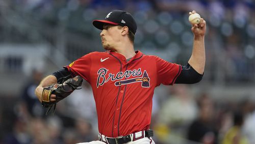 Atlanta Braves starting pitcher Max Fried works against the Toronto Blue Jays in the first inning of a baseball game Sept. 6, 2024, in Atlanta. (AP Photo/John Bazemore)