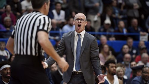 FILE - Connecticut head coach Dan Hurley reacts during the second half of an NCAA college basketball game against Arizona, Dec. 2, 2018, in Hartford, Conn. (AP Photo/Jessica Hill, File)